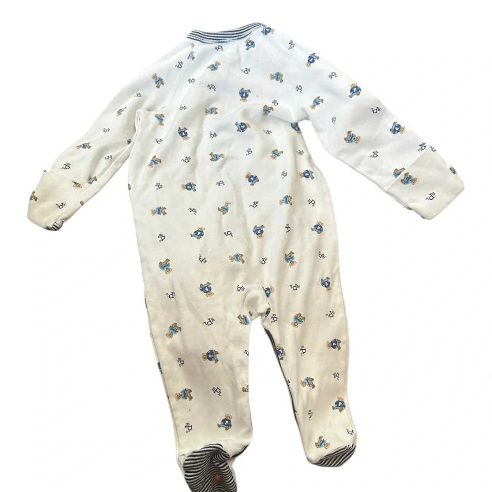 Ralph Lauren Polo Bear White Blue Footies Soft Long Sleeve One Piece 6 Mo